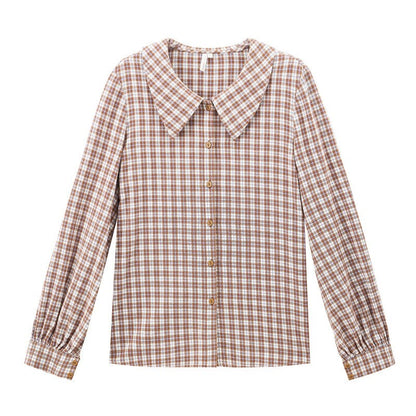 INMAN Winter Literary Retro 100% Cotton Doll Collar Plaid Loose Long Sleeve Women Blouse