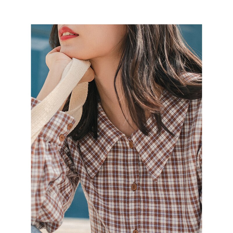 INMAN Winter Literary Retro 100% Cotton Doll Collar Plaid Loose Long Sleeve Women Blouse