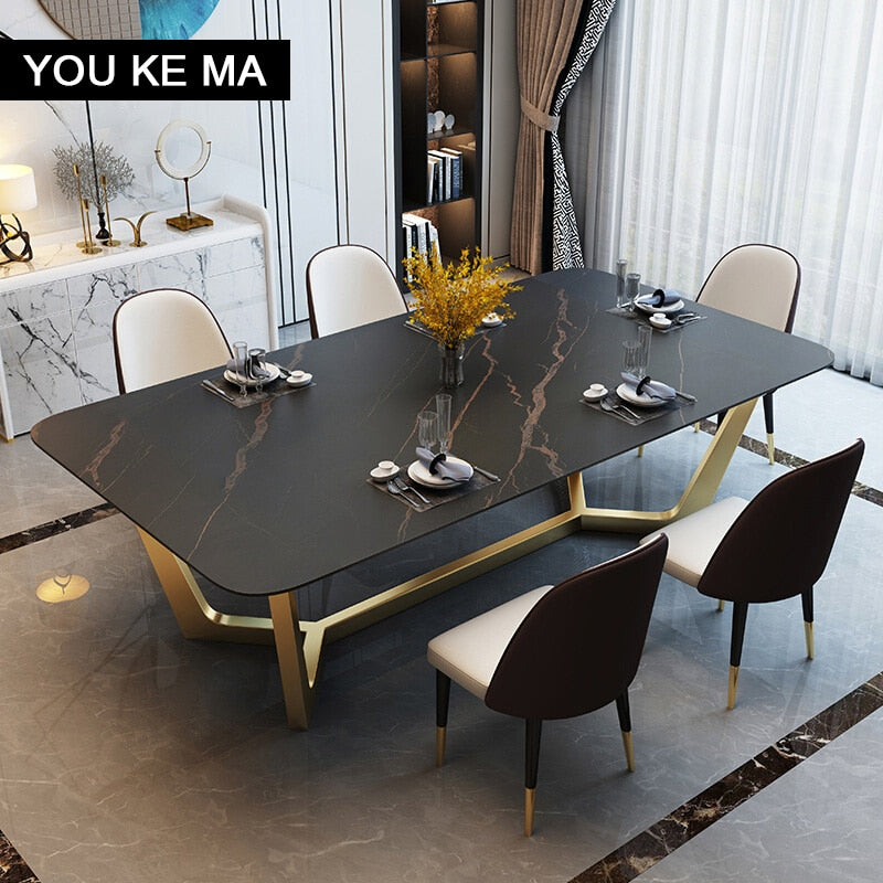 Italian Style Light Luxury Stone Plate Dining Home Rectangular Modern Marble Dining Table Nordic Dining Tables and Chairs set