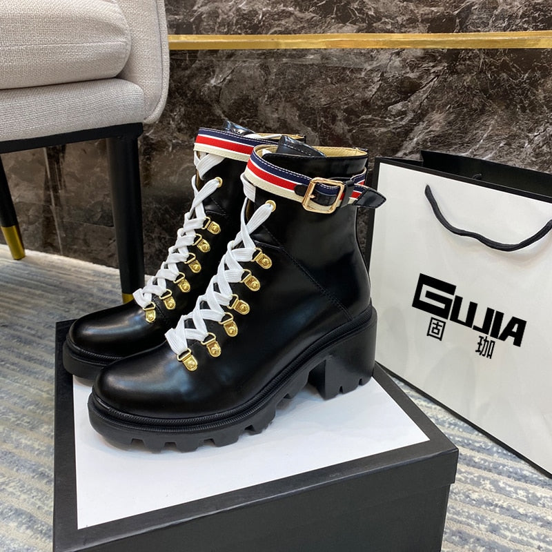 Italy new 2020 British Leather scooter thin boot for summer, zipper, middle boot, lace-up, Martine boot Girl，genuine leather