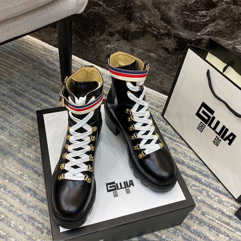Italy new 2020 British Leather scooter thin boot for summer, zipper, middle boot, lace-up, Martine boot Girl，genuine leather