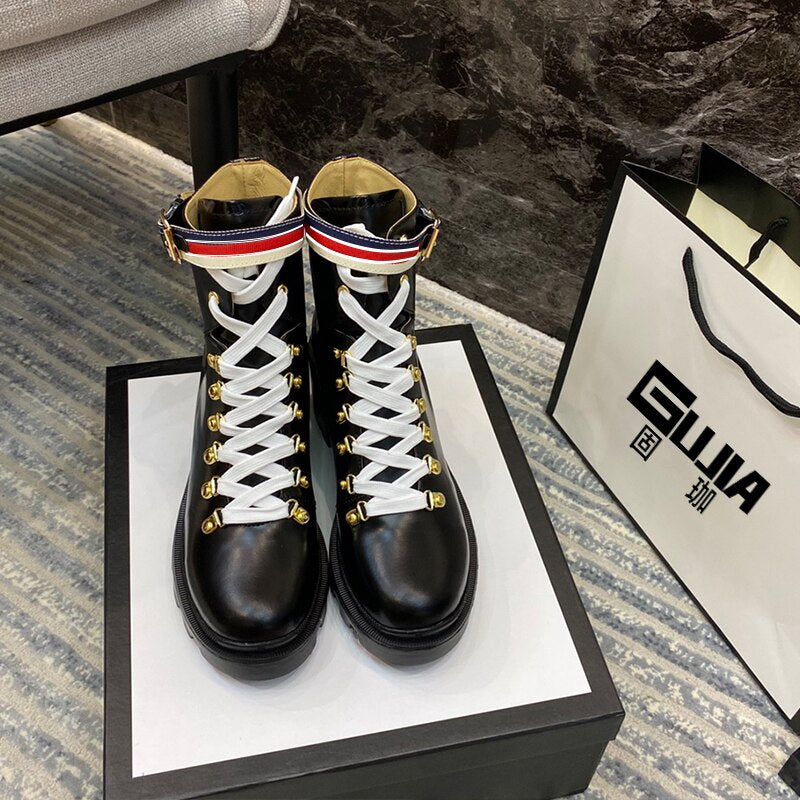 Italy new 2020 British Leather scooter thin boot for summer, zipper, middle boot, lace-up, Martine boot Girl，genuine leather