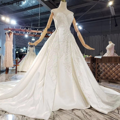 Ivory Detachable Train Mermaid High-end Wedding Gowns 2020 Sleeveless Beading Satin Bridal Gowns HX0314 Custom Made