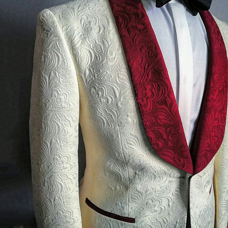 Ivory Jacquard Groom Tuxedo Wedding Suits for Men Best Man Blazer Pattern Costume Homme 2 Piece Groomsmen Coat Terno Masculino