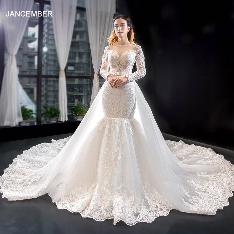 J66856 Jancember Crystal Mermaid Wedding Dress 2021 Long Sleeve Plus Size Bridal Gowns Appliques Lace Up Back