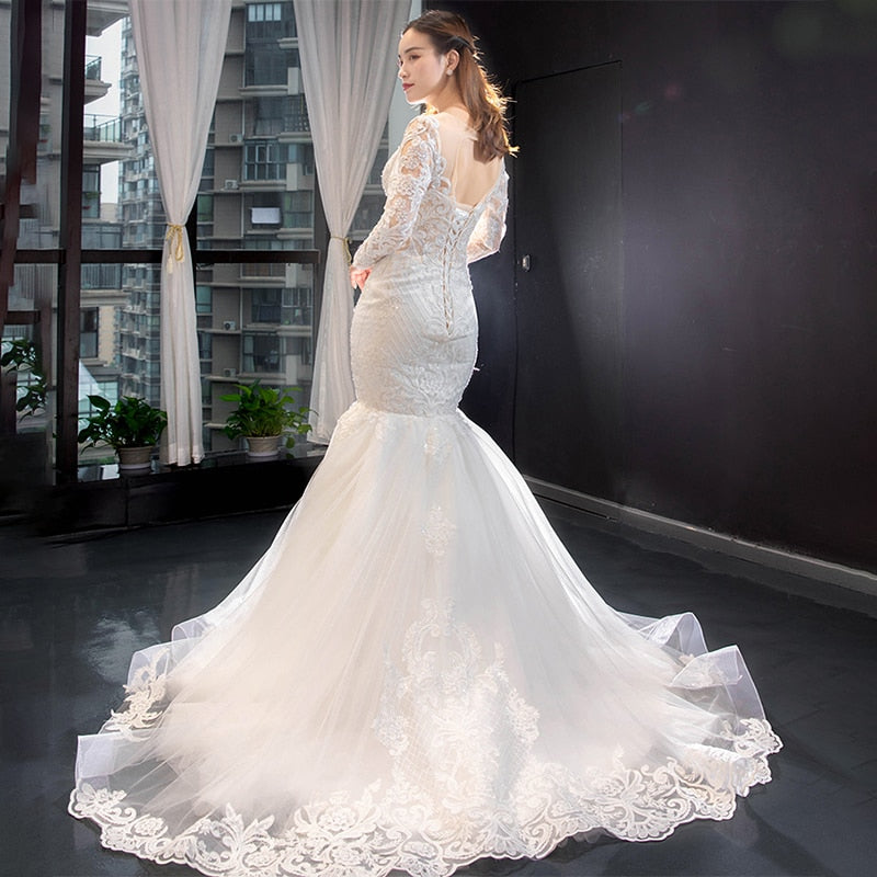 J66856 Jancember Crystal Mermaid Wedding Dress 2021 Long Sleeve Plus Size Bridal Gowns Appliques Lace Up Back
