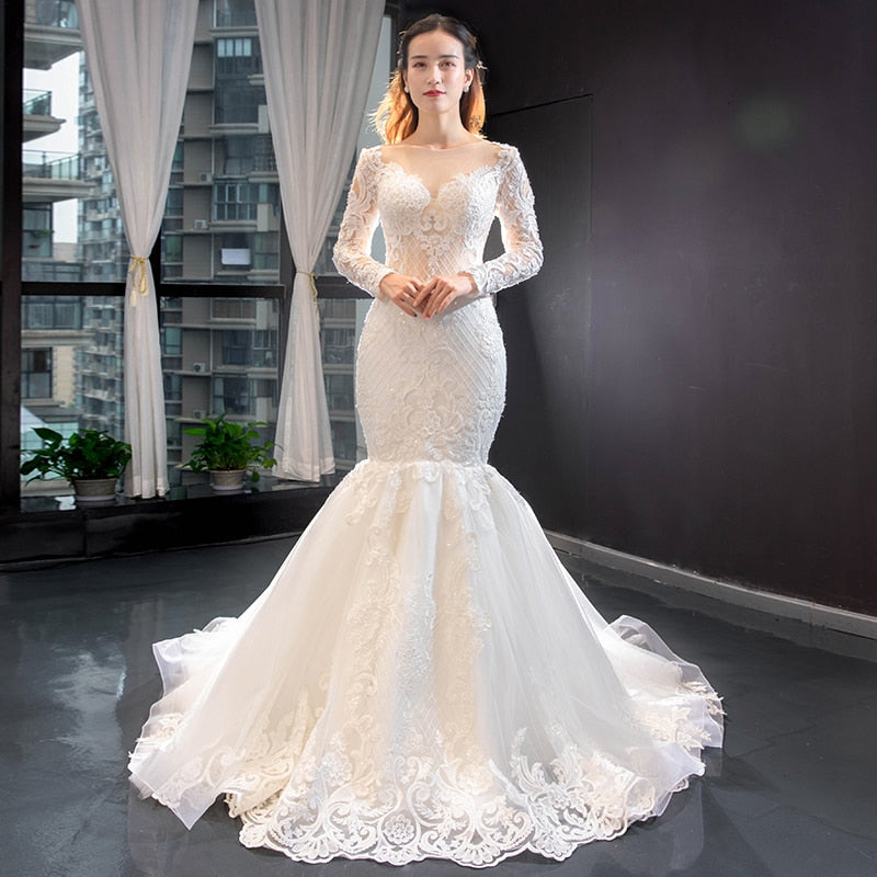 J66856 Jancember Crystal Mermaid Wedding Dress 2021 Long Sleeve Plus Size Bridal Gowns Appliques Lace Up Back