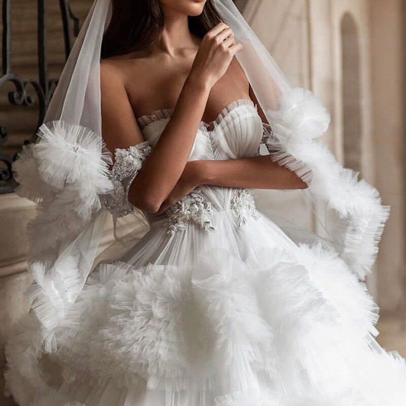 JANCEMBER White Elegant And Simple Sleeveless Sweetheart Wedding Gown 2020 Backless Tulled Tiered J67175