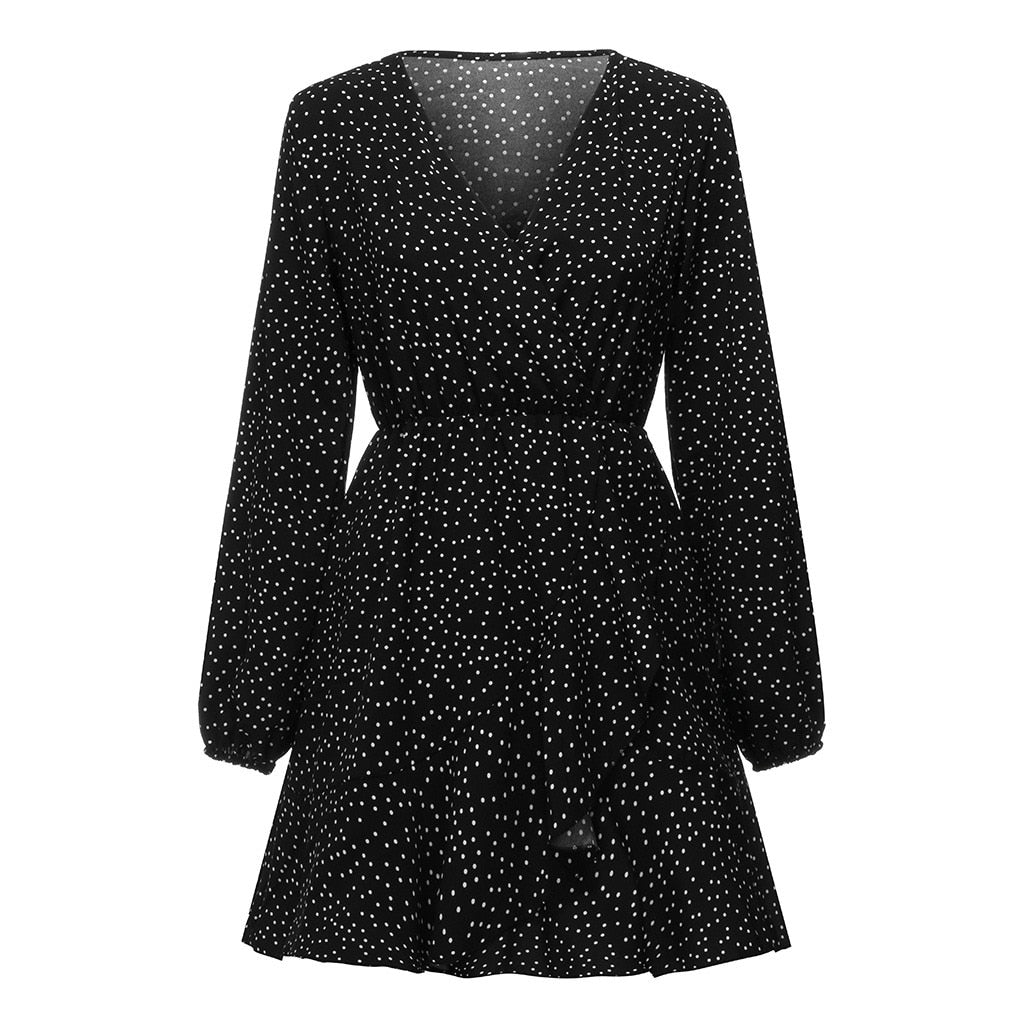JAYCOSIN Party Vintage Women Dress Long Sleeve Female Sexy V-Neck Autumn 2019 Winter Dress Elegant Dot Print Dresses Vestidos