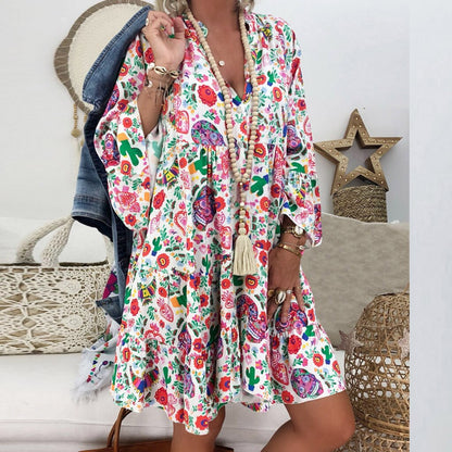 JAYCOSIN Vintage 5XL Women Summer Dress Ladies Loose Print vestidos Three Quarter Sleeve ruffles Mini beach Dress Sundress 723