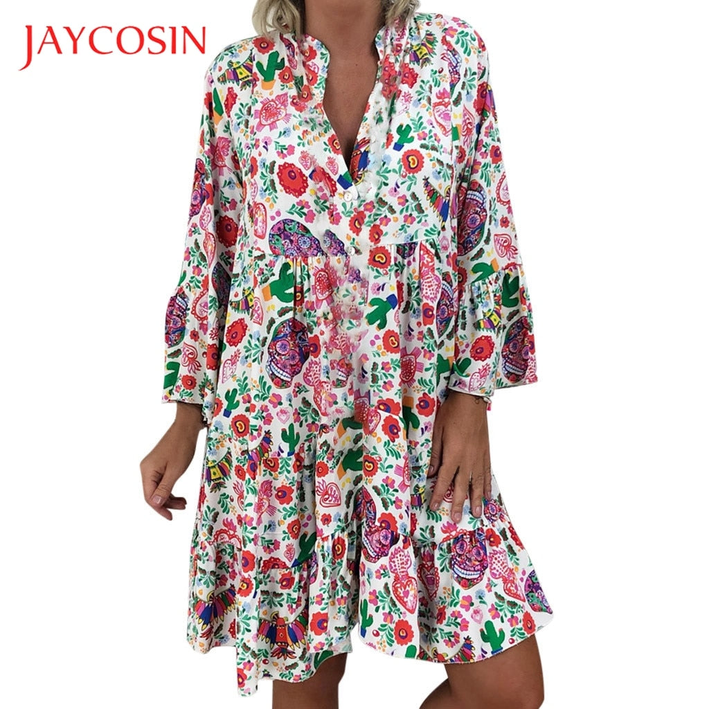 JAYCOSIN Vintage 5XL Women Summer Dress Ladies Loose Print vestidos Three Quarter Sleeve ruffles Mini beach Dress Sundress 723