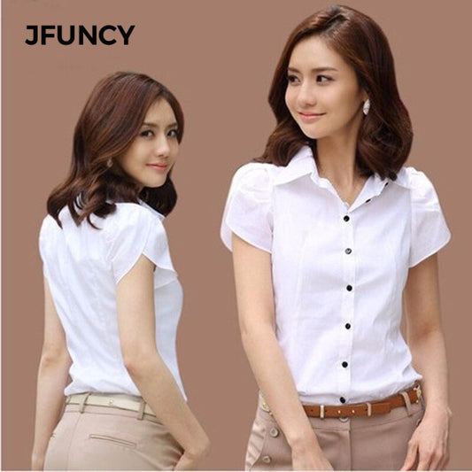 JFUNCY 2019 New Women's OL White Shirt Female Short Sleeved Workwear Button Up Blouse for Office Lady Plus Size 4XL Tops