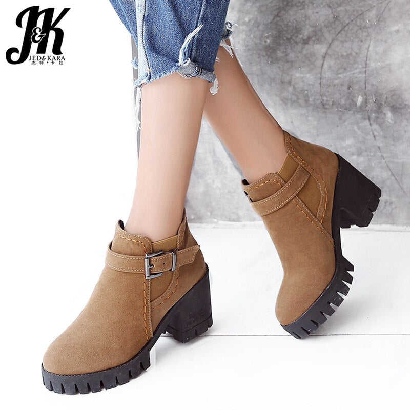 JK Flock Women's Winter Boots Round Toe Footwear Platform Female Boot Casual Girl High Heel Shoes Ankle Boots