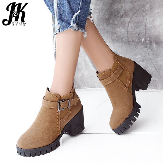 JK Flock Women's Winter Boots Round Toe Footwear Platform Female Boot Casual Girl High Heel Shoes Ankle Boots