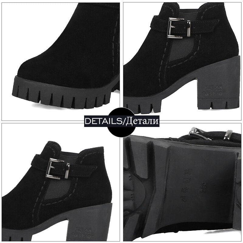 JK Flock Women's Winter Boots Round Toe Footwear Platform Female Boot Casual Girl High Heel Shoes Ankle Boots