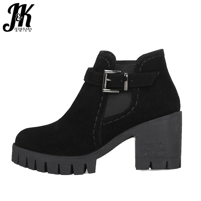 JK Flock Women's Winter Boots Round Toe Footwear Platform Female Boot Casual Girl High Heel Shoes Ankle Boots