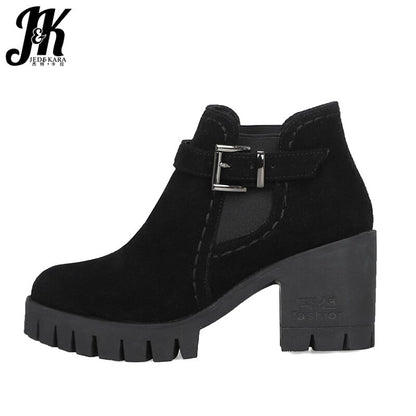 JK Flock Women's Winter Boots Round Toe Footwear Platform Female Boot Casual Girl High Heel Shoes Ankle Boots