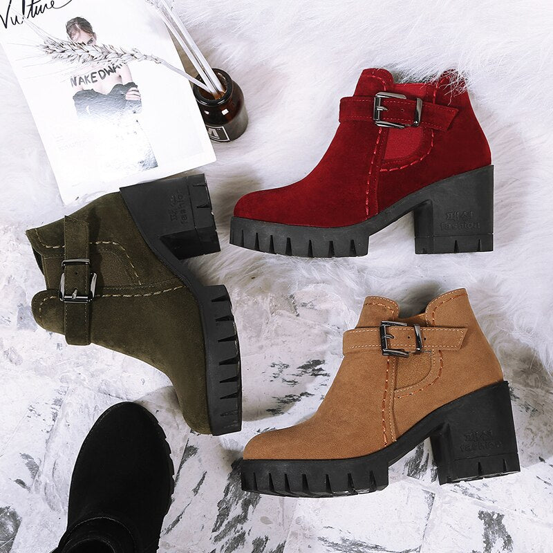 JK Flock Women's Winter Boots Round Toe Footwear Platform Female Boot Casual Girl High Heel Shoes Ankle Boots