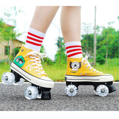 JK Quad Roller Skates Canvas Unisex Double Line Skates Adult Kid Two line Skating Shoes Led Tires Patines Casual Rollerblade