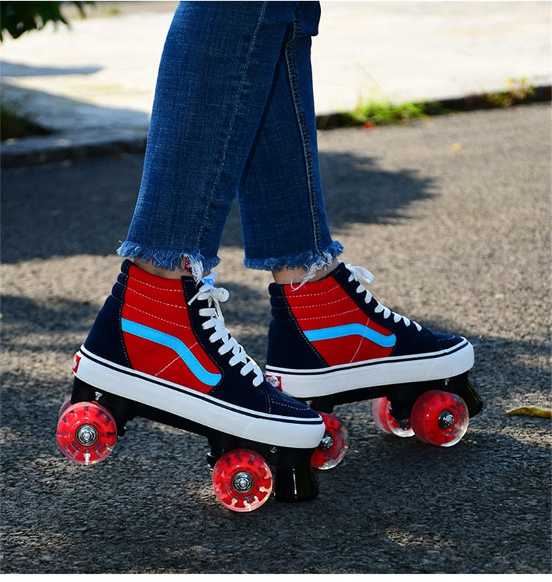 JK Quad Roller Skates Canvas Unisex Double Line Skates Adult Kid Two line Skating Shoes Led Tires Patines Casual Rollerblade