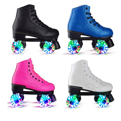 JK Adult PU Leather Quad Roller Skates Double Line Skates Two Line Skating Shoes Patines PU Flash or no Flash Wheels