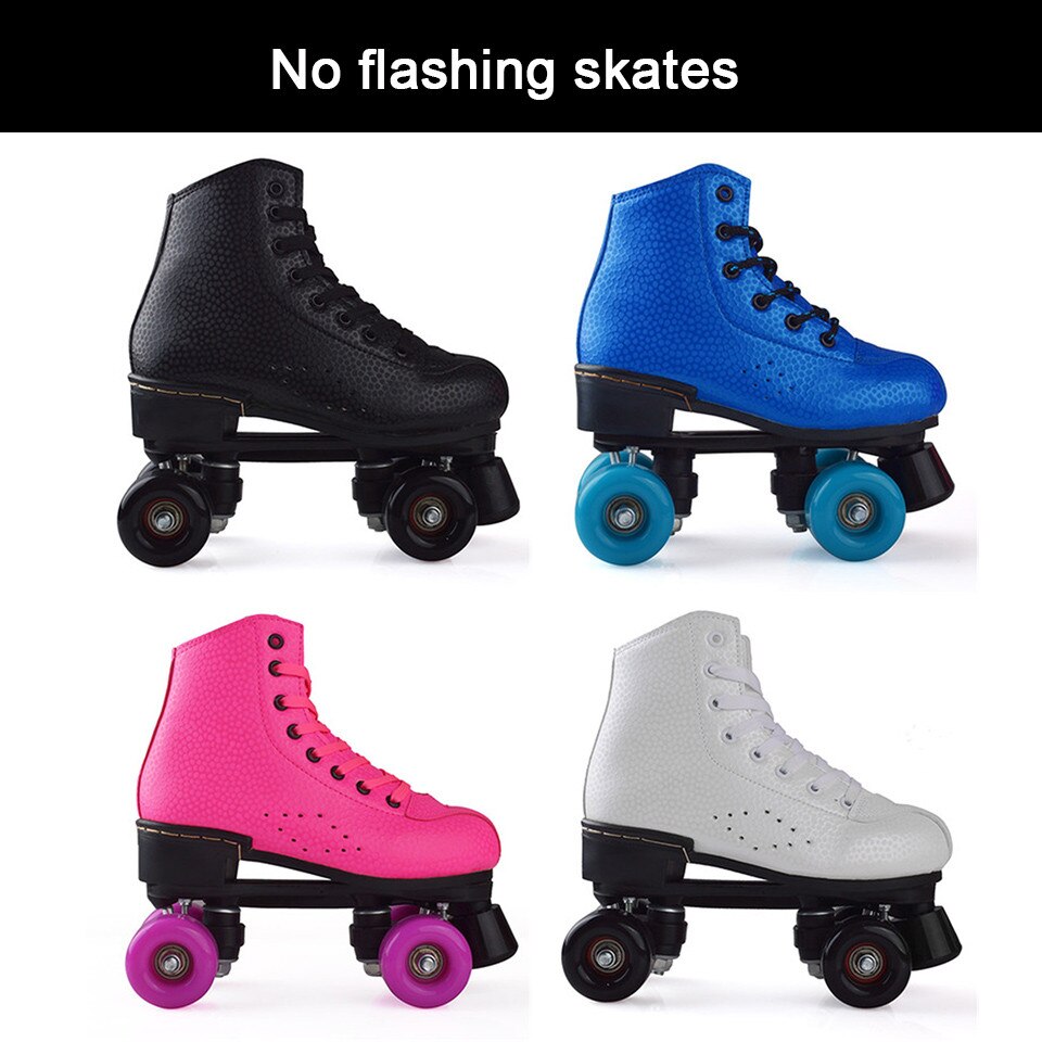 JK Adult PU Leather Quad Roller Skates Double Line Skates Two Line Skating Shoes Patines PU Flash or no Flash Wheels