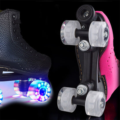 JK Adult PU Leather Quad Roller Skates Double Line Skates Two Line Skating Shoes Patines PU Flash or no Flash Wheels