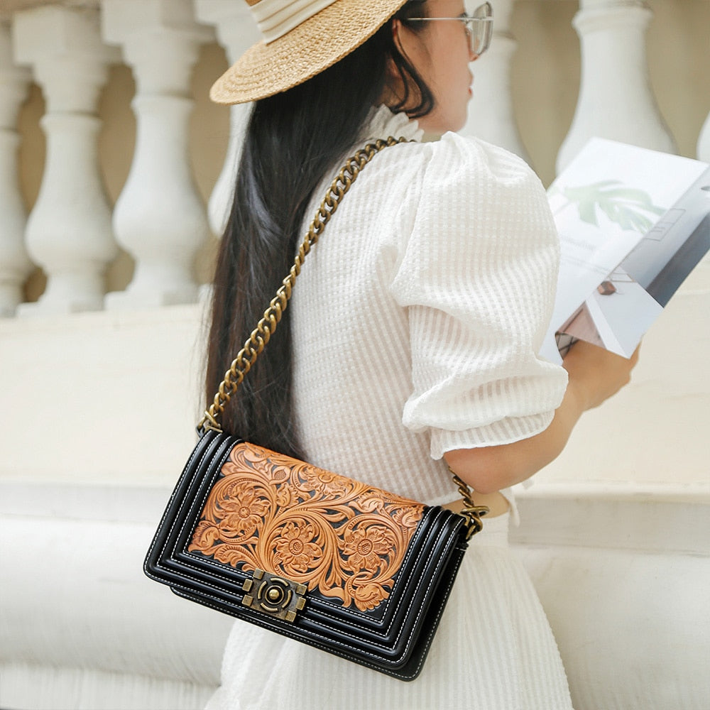 JOJUJOS Genuine Leather Crossbody Bag Female Bag Messenger Bag Vintage Carved Flower Purses and Handbags Luxury Designer Bags