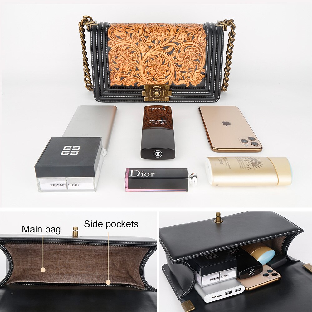 JOJUJOS Genuine Leather Crossbody Bag Female Bag Messenger Bag Vintage Carved Flower Purses and Handbags Luxury Designer Bags