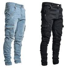 将图片加载到图库查看器，Men&#39;s Jeans Pants Casual Cotton Denim Trousers Multi Pocket Cargo New Fashion Denim Pencil Pants Side Pockets Cargo
