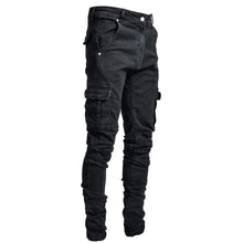 将图片加载到图库查看器，Men&#39;s Jeans Pants Casual Cotton Denim Trousers Multi Pocket Cargo New Fashion Denim Pencil Pants Side Pockets Cargo
