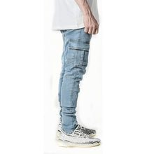 将图片加载到图库查看器，Men&#39;s Jeans Pants Casual Cotton Denim Trousers Multi Pocket Cargo New Fashion Denim Pencil Pants Side Pockets Cargo
