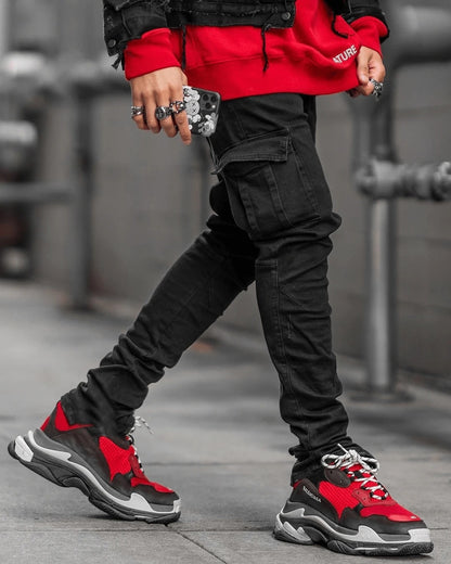 Men's Jeans Pants Casual Cotton Denim Trousers Multi Pocket Cargo New Fashion Denim Pencil Pants Side Pockets Cargo