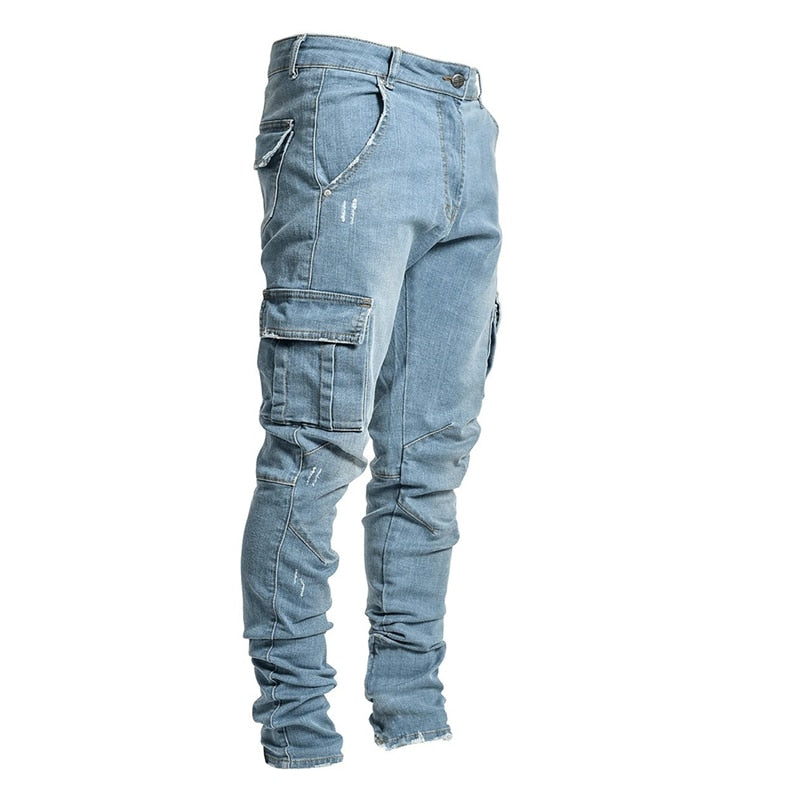 Men's Jeans Pants Casual Cotton Denim Trousers Multi Pocket Cargo New Fashion Denim Pencil Pants Side Pockets Cargo