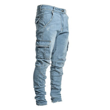 将图片加载到图库查看器，Men&#39;s Jeans Pants Casual Cotton Denim Trousers Multi Pocket Cargo New Fashion Denim Pencil Pants Side Pockets Cargo
