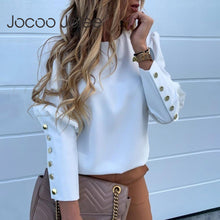 將圖片載入圖庫檢視器 Jocoo Jolee Women&#39;s Metal Buttons Long Sleeve Blouse Office Lady Shirt Casual Sweater Pineapple Print Tops Plus Size Casual Loose Blouses
