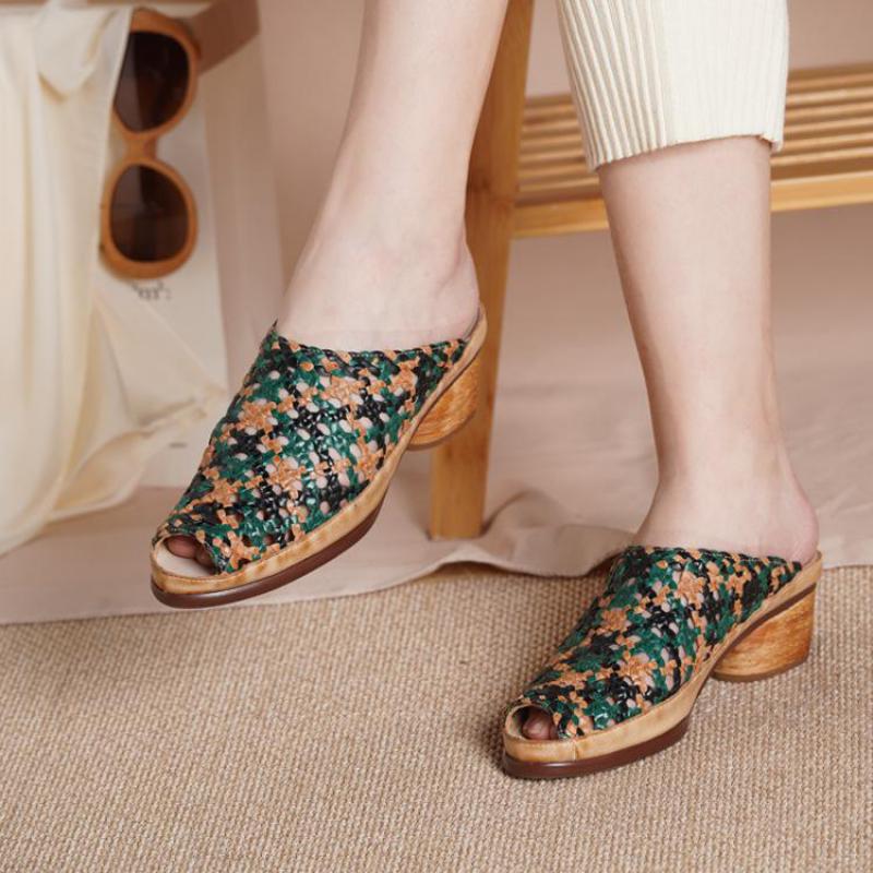 Johnature 2021 New Summer Slippers Women Shoes Genuine Leather Mixed Colors Peep Toe Retro Handmade Weave Slides Ladies Slippers