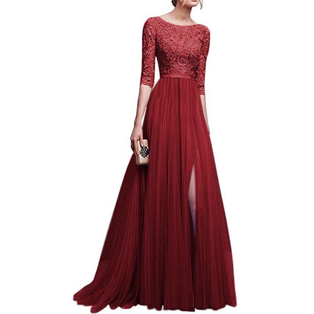 Joineles Elegant Round Neck 3/4 Sleeves Lace Ball Gown Solid Dress Embroidery High Waist Floor Length Split Party Vestidos