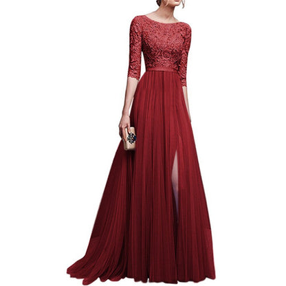 Joineles Elegant Round Neck 3/4 Sleeves Lace Ball Gown Solid Dress Embroidery High Waist Floor Length Split Party Vestidos