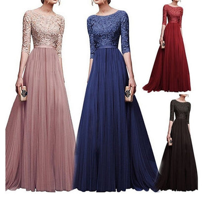 Joineles Elegant Round Neck 3/4 Sleeves Lace Ball Gown Solid Dress Embroidery High Waist Floor Length Split Party Vestidos