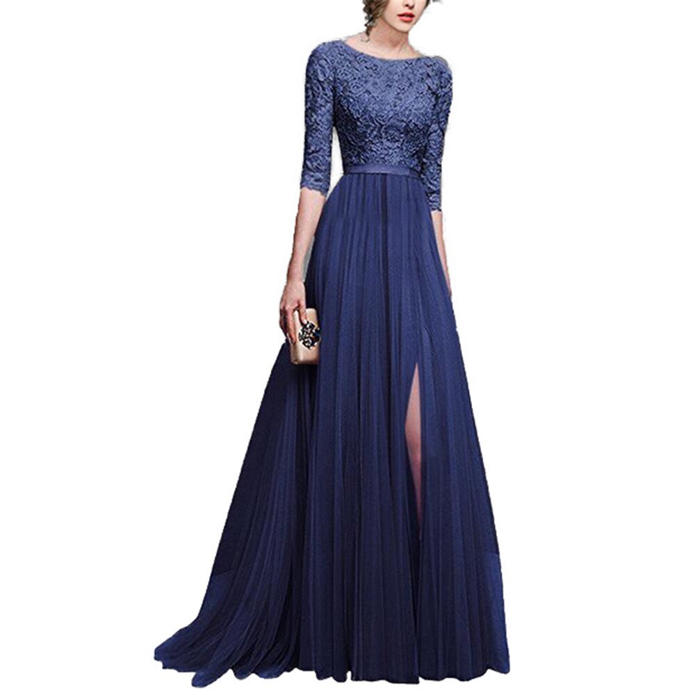 Joineles Elegant Round Neck 3/4 Sleeves Lace Ball Gown Solid Dress Embroidery High Waist Floor Length Split Party Vestidos