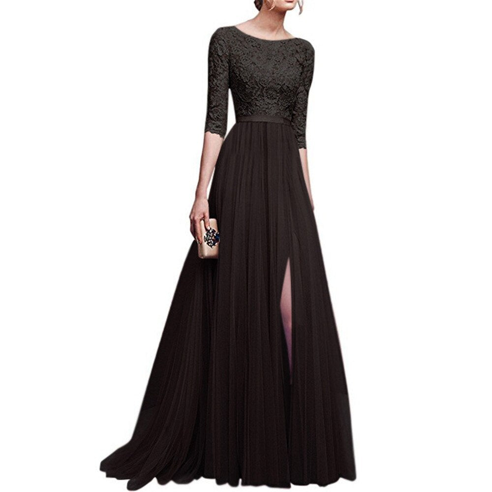 Joineles Elegant Round Neck 3/4 Sleeves Lace Ball Gown Solid Dress Embroidery High Waist Floor Length Split Party Vestidos