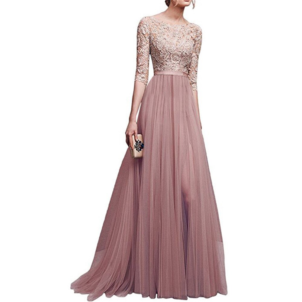 Joineles Elegant Round Neck 3/4 Sleeves Lace Ball Gown Solid Dress Embroidery High Waist Floor Length Split Party Vestidos