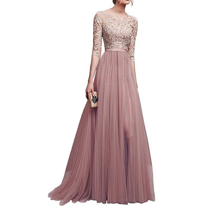 Joineles Elegant Round Neck 3/4 Sleeves Lace Ball Gown Solid Dress Embroidery High Waist Floor Length Split Party Vestidos