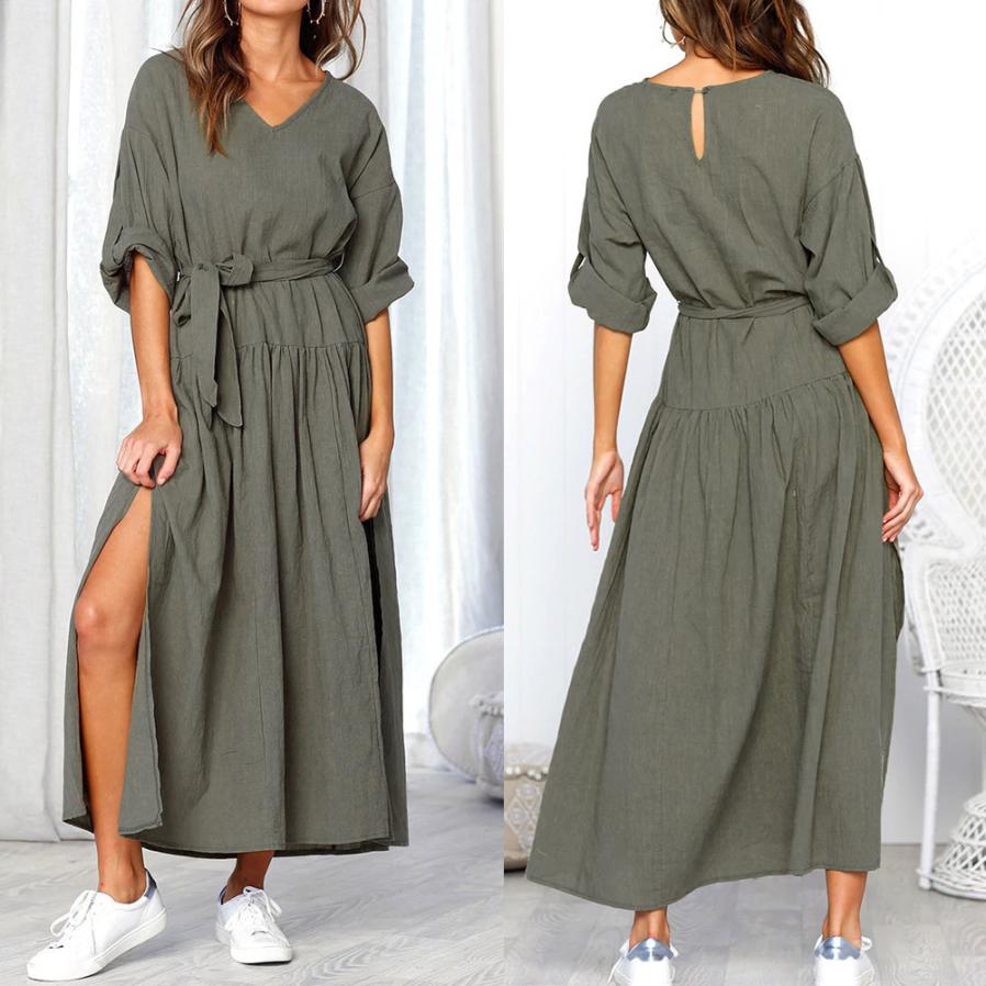 KANCOOLD Dress Women's Long Sleeve V Neck Split Solid Sashes fashion Dresses Ladies Casual Loose Maxi dress women 2018AUG3