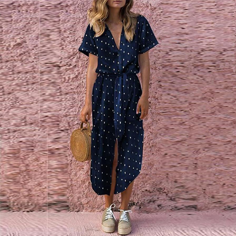 KANCOOLD Dress Womens Sexy Casual Daily Bow Tie V Neck Dot Button Dress Short Sleeve Soild Long Dress women 2018AUG14