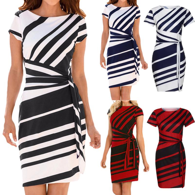 KANCOOLD dress Summer fashion Women's Working Pencil Stripe Party Casual O-Neck Mini high quality dress women 2018MA27
