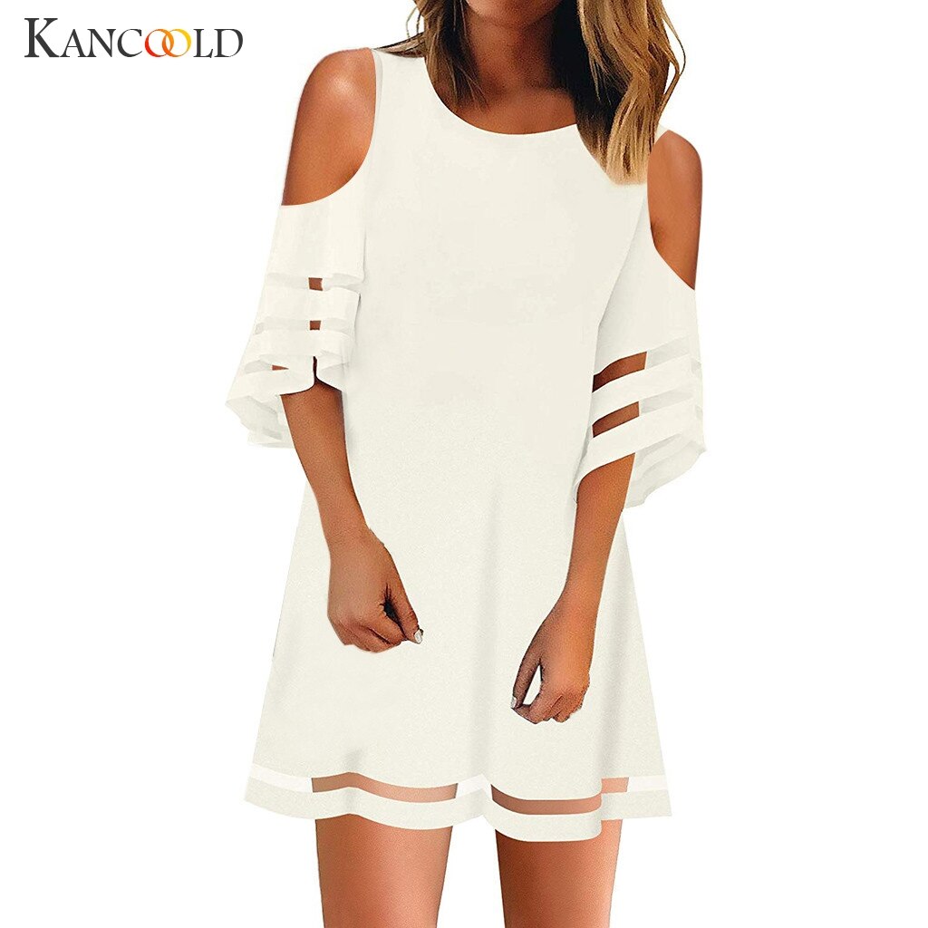 KANCOOLD Women's Mesh Panel 3/4 Bell Sleeve Loose Off Shoulder Dress Summer fashion Mini new dress 2019MAY7