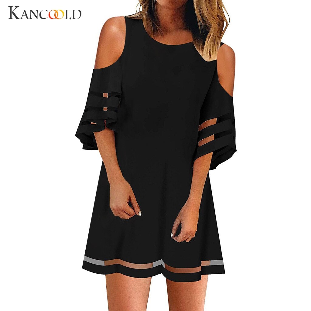 KANCOOLD Women's Mesh Panel 3/4 Bell Sleeve Loose Off Shoulder Dress Summer fashion Mini new dress 2019MAY7