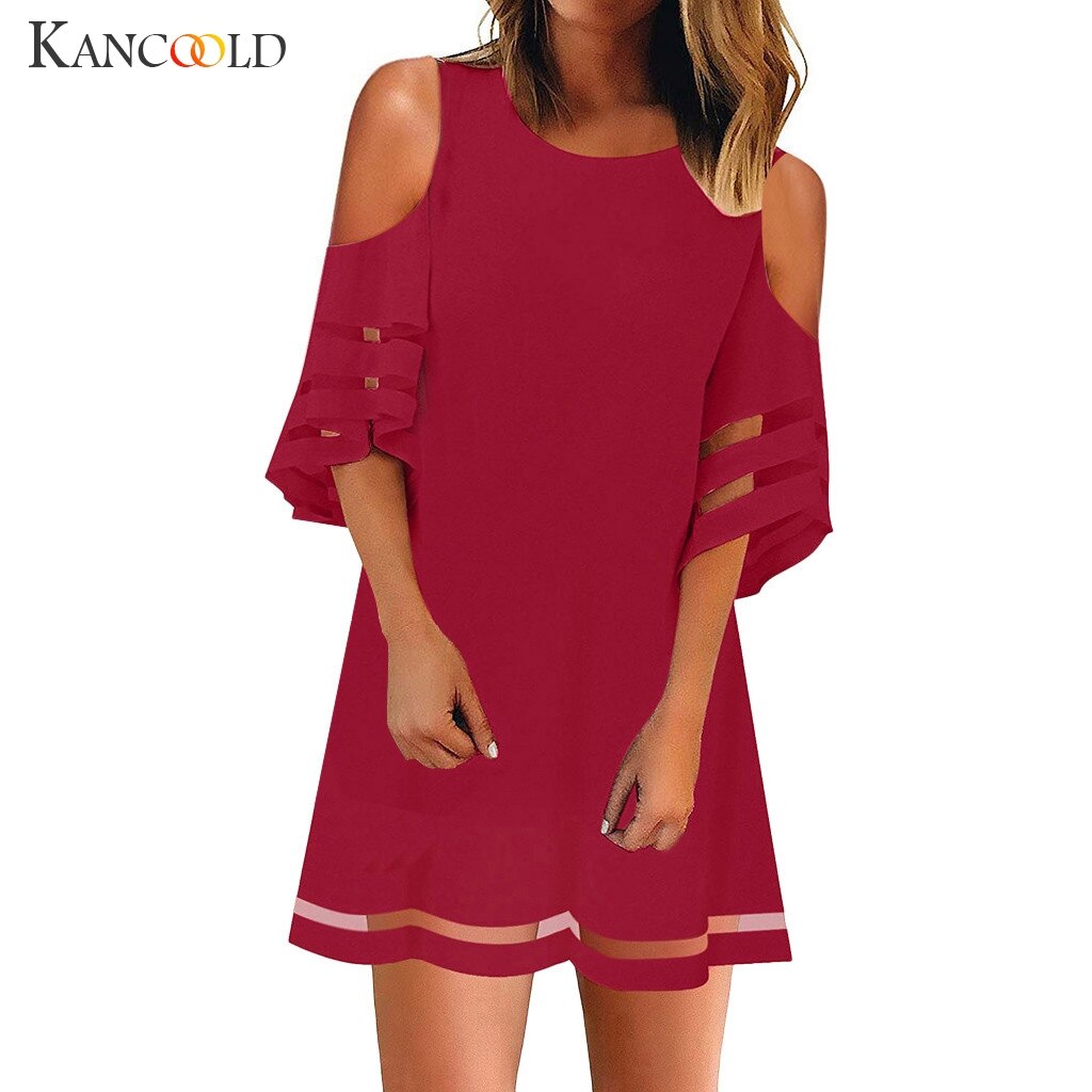 KANCOOLD Women's Mesh Panel 3/4 Bell Sleeve Loose Off Shoulder Dress Summer fashion Mini new dress 2019MAY7